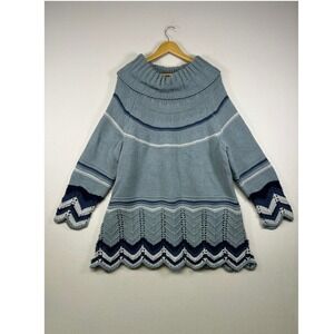 Boho Cottagecore Denim 24/7 1X Blue Chevron Scalloped Cowl Neck Tunic Sweater